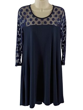 Nina Leonard Navy Polka Dot Mesh Yoke Long Sleeve Dress